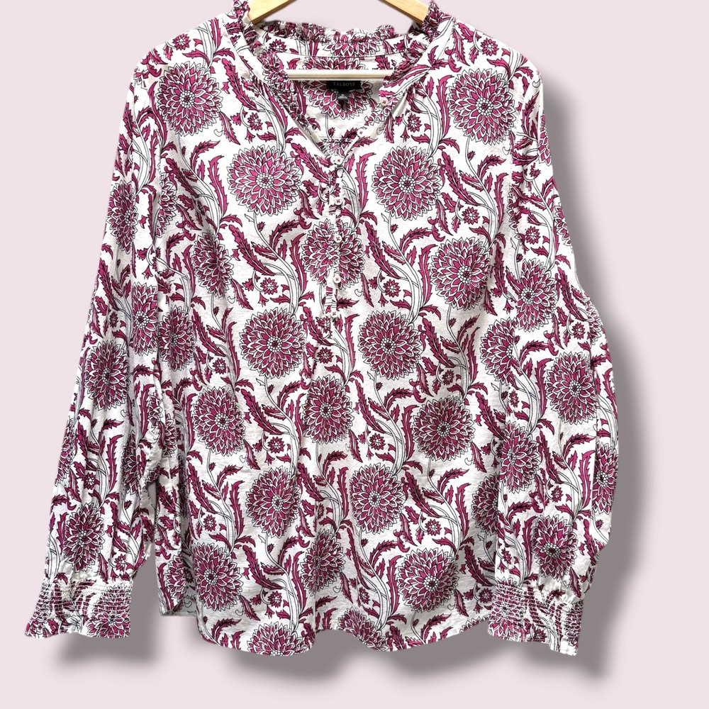Talbots XL Pink White Dahlia Cotton Ruffle Neck Smocked Cuff Button Front Blouse - Picture 5 of 7